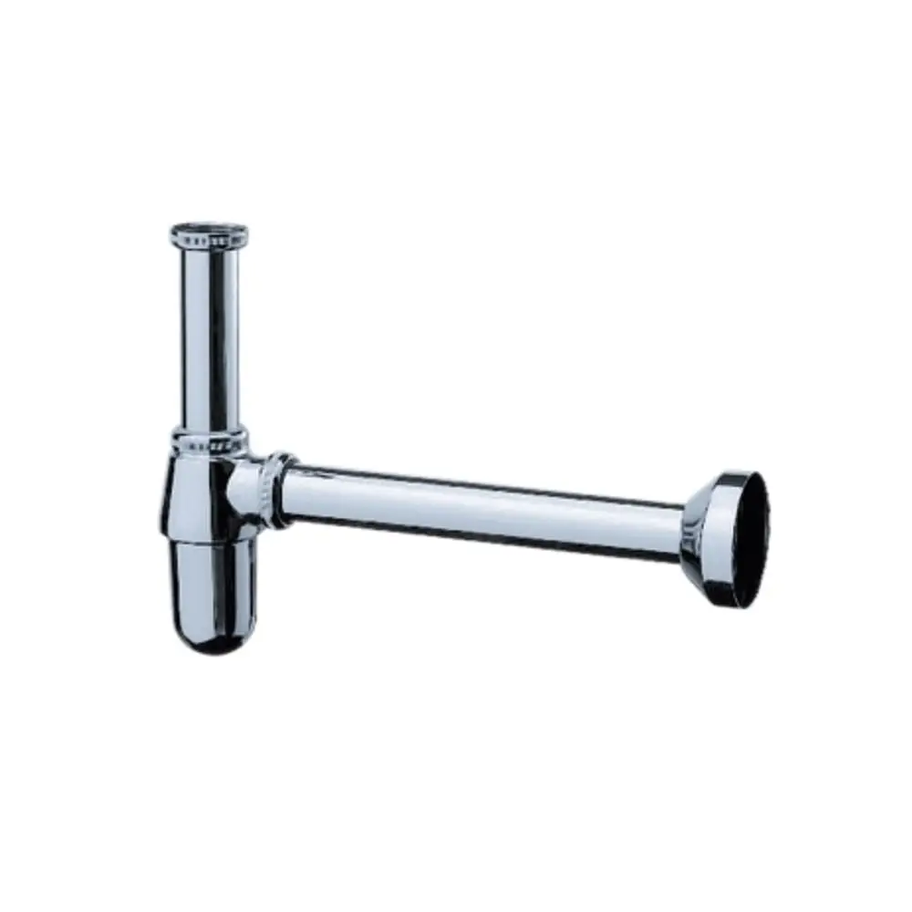 Hansgrohe Tassensiphon aus verchromtem Material, mit einem vertikalen sowie einem horizontalen Anschluss, geeignet für die Installation in sanitären Anlagen.